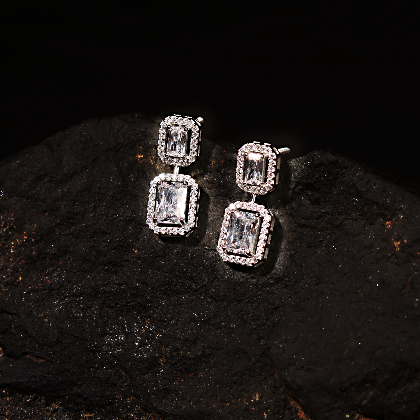 Double Emerald-Cut Drop 925 Sterling Silver Earrings