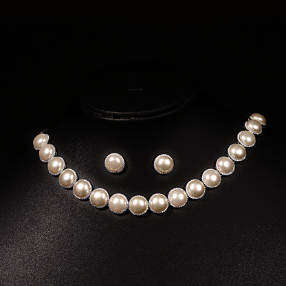 Classic Pearl Halo - 925 Silver Sterling Necklace Set