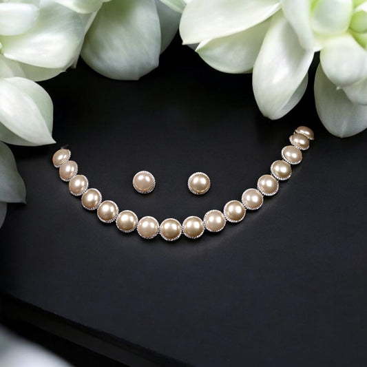 Classic Pearl Halo - 925 Silver Sterling Necklace Set