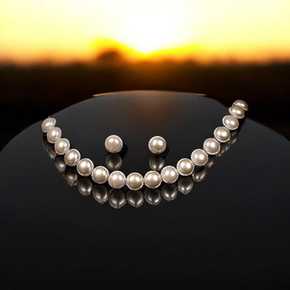 Classic Pearl Halo - 925 Silver Sterling Necklace Set